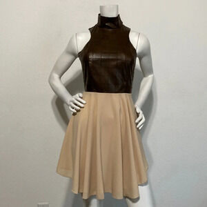 Christina Karin Brown Tan Faux Leather High High Low Babydoll Dress Size  M